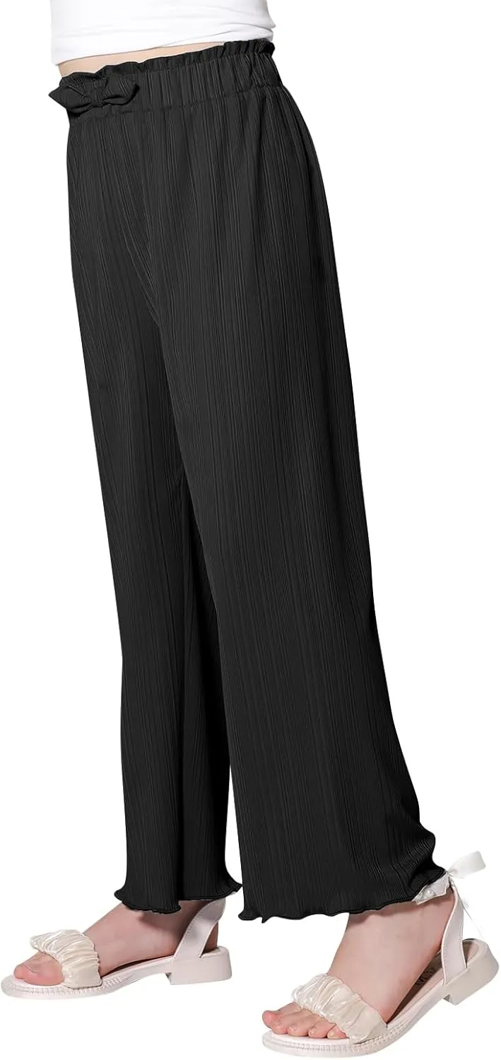 Girls Casual Pants Stretchy Palazzo Wide Leg Pants Soft Flowy Lounge Summer Outfit, 5-14Y