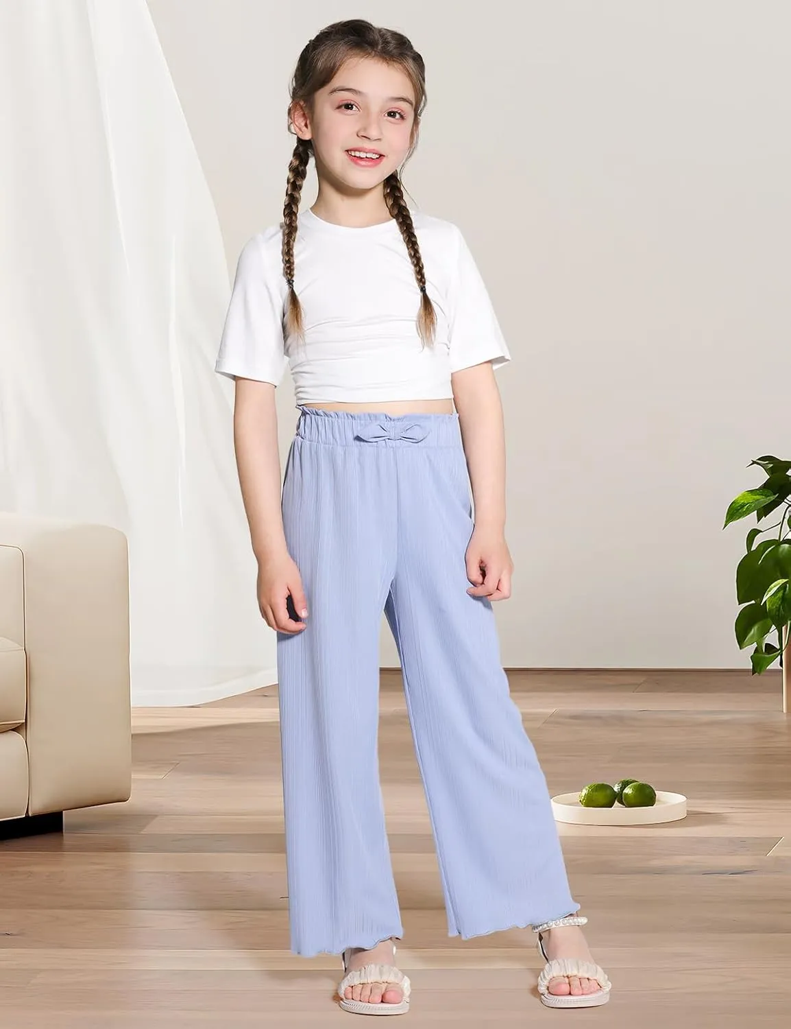 Girls Casual Pants Stretchy Palazzo Wide Leg Pants Soft Flowy Lounge Summer Outfit, 5-14Y