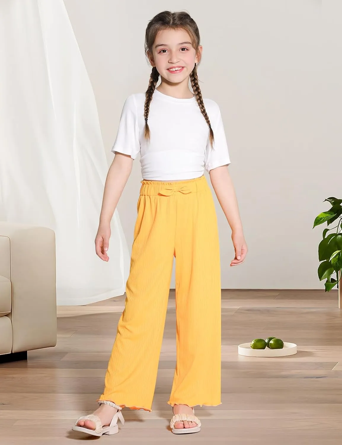Girls Casual Pants Stretchy Palazzo Wide Leg Pants Soft Flowy Lounge Summer Outfit, 5-14Y