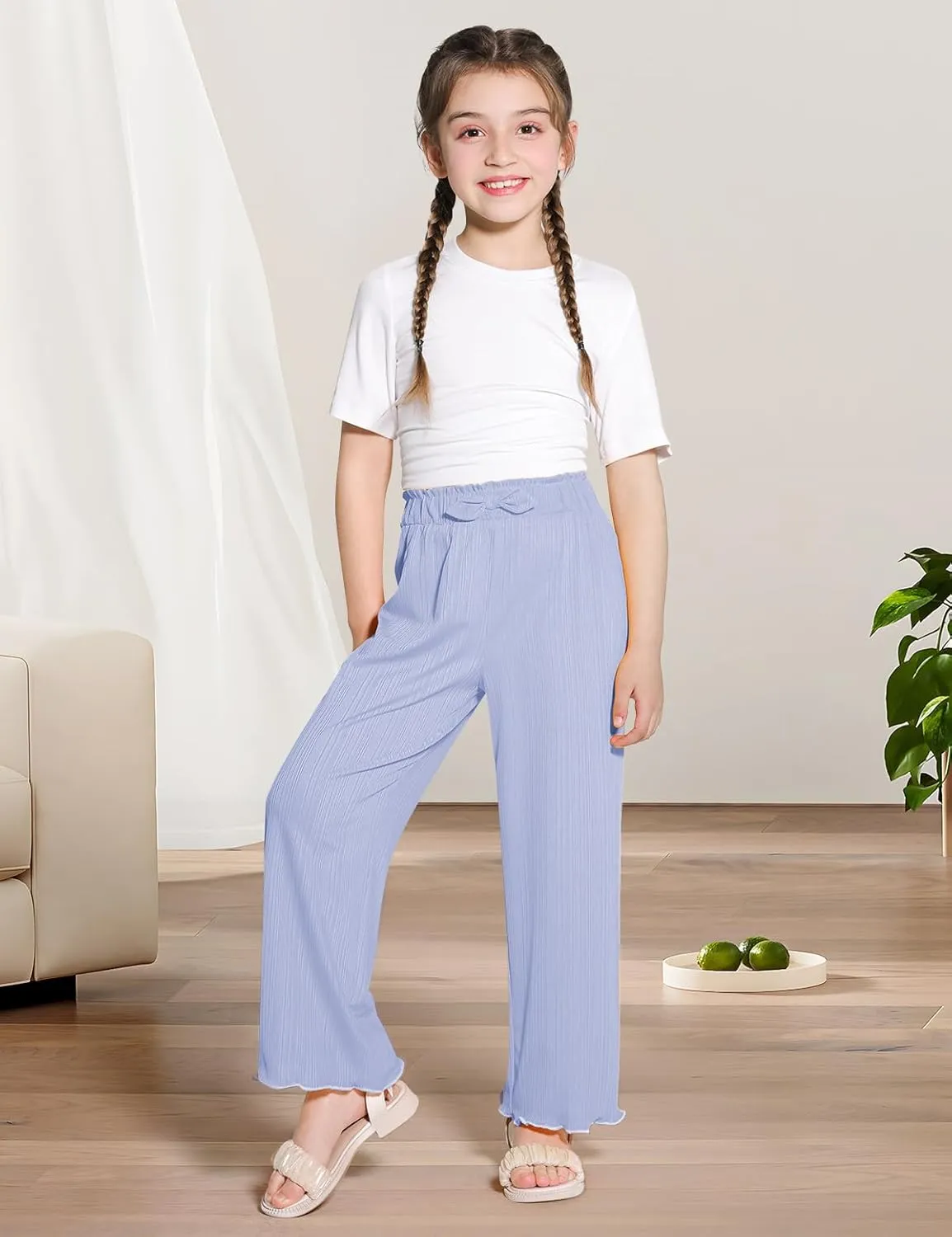 Girls Casual Pants Stretchy Palazzo Wide Leg Pants Soft Flowy Lounge Summer Outfit, 5-14Y