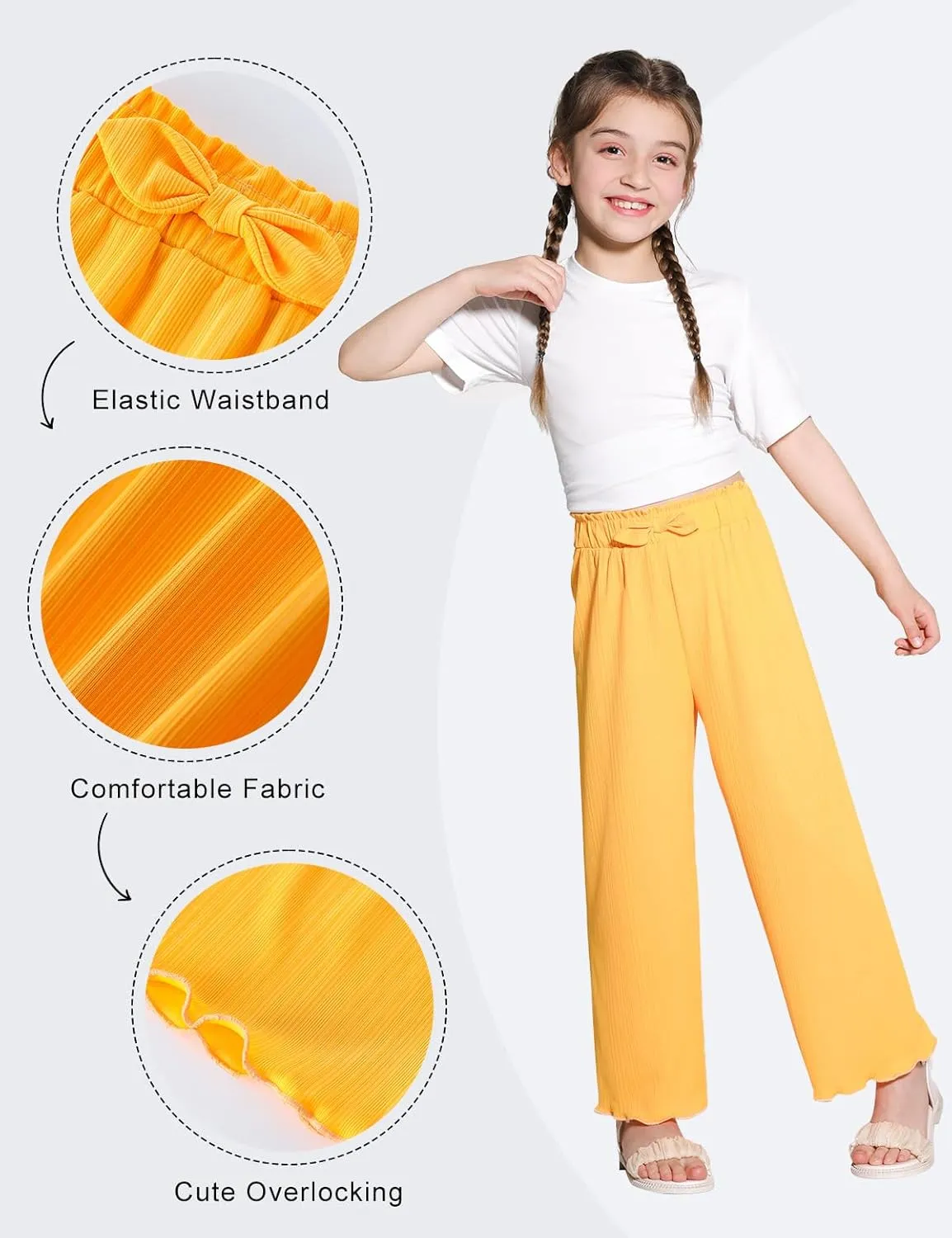 Girls Casual Pants Stretchy Palazzo Wide Leg Pants Soft Flowy Lounge Summer Outfit, 5-14Y