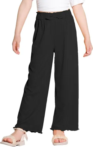 Girls Casual Pants Stretchy Palazzo Wide Leg Pants Soft Flowy Lounge Summer Outfit, 5-14Y