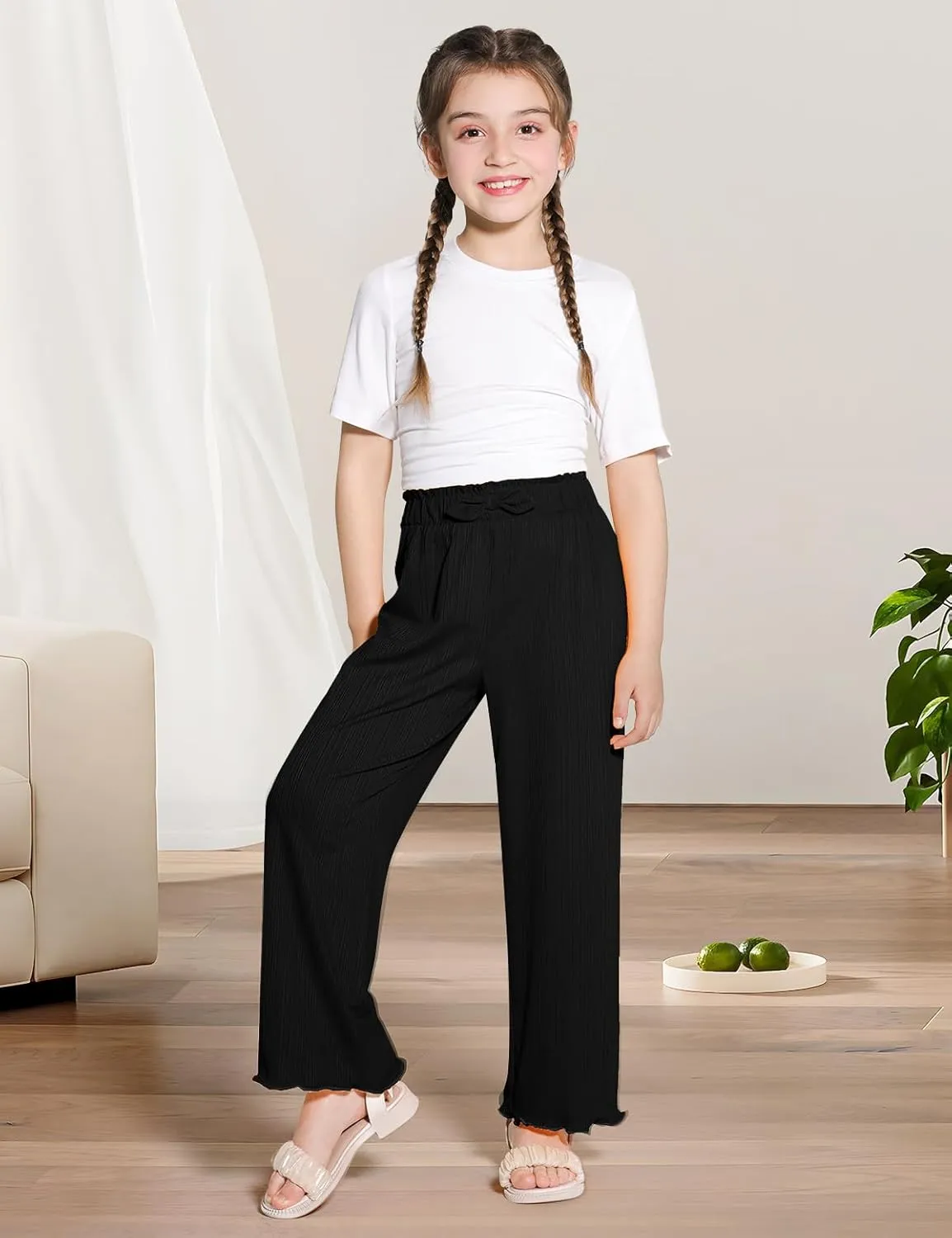 Girls Casual Pants Stretchy Palazzo Wide Leg Pants Soft Flowy Lounge Summer Outfit, 5-14Y