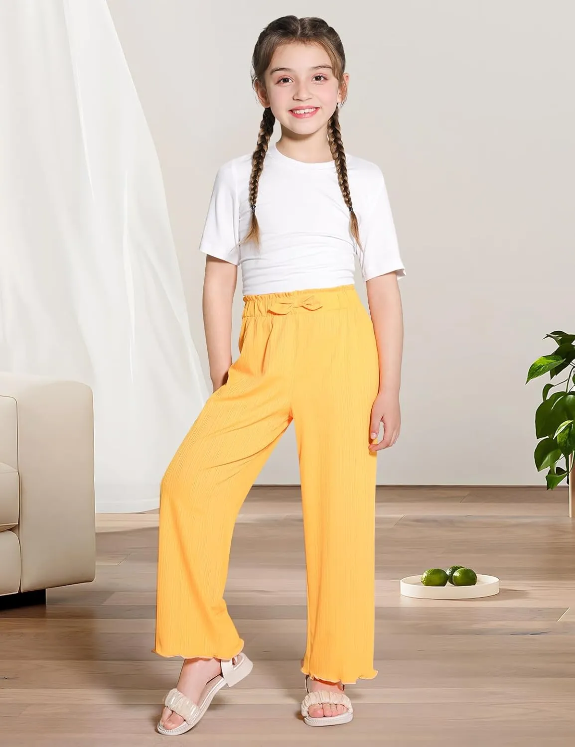 Girls Casual Pants Stretchy Palazzo Wide Leg Pants Soft Flowy Lounge Summer Outfit, 5-14Y