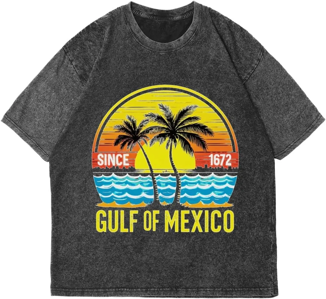 Gulf of Mexico Vintage Sunset Palm Retro Classic Two Sides Retro Short Sleeve Shirt Men's Round Neck Sports T-Shirt