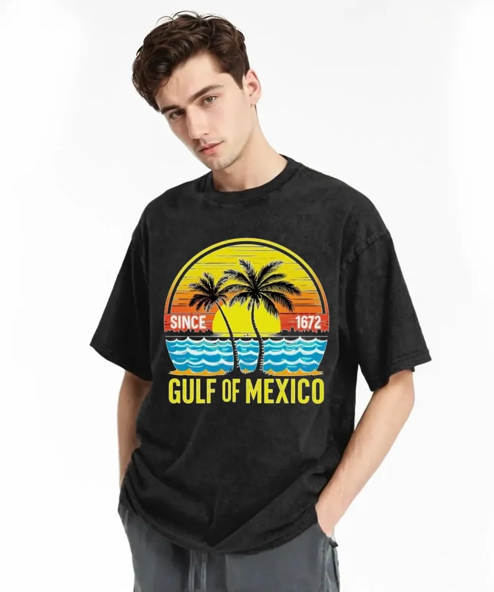 Gulf of Mexico Vintage Sunset Palm Retro Classic Two Sides Retro Short Sleeve Shirt Men's Round Neck Sports T-Shirt