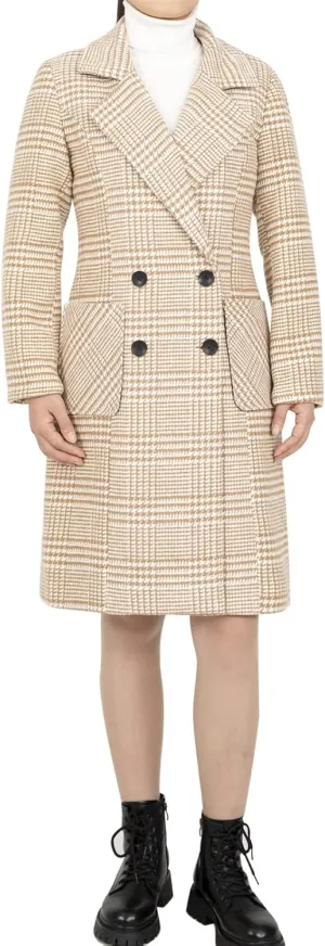 Hacikis Womens Houndstooth Wool Blend Trench Coat Notch Lapel Double Breasted Winter Outwear Pea Coats