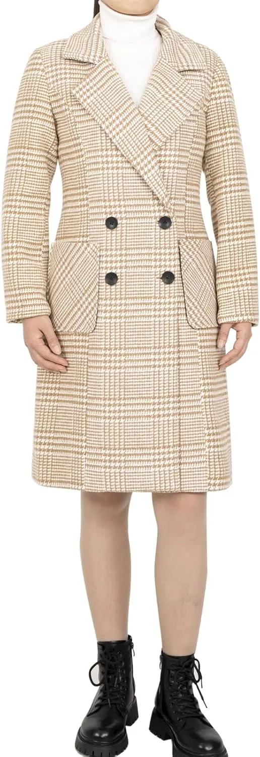 Hacikis Womens Houndstooth Wool Blend Trench Coat Notch Lapel Double Breasted Winter Outwear Pea Coats