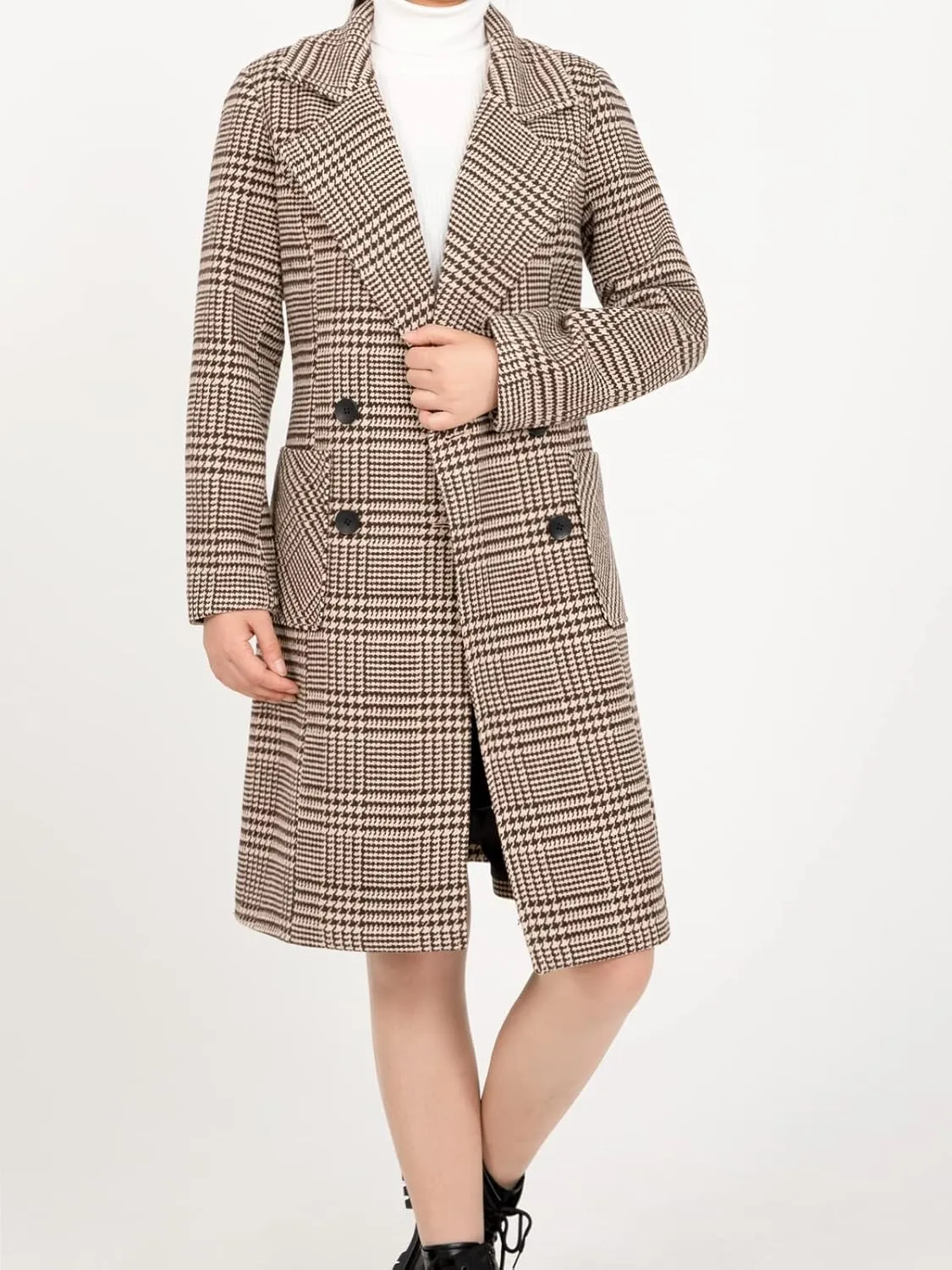 Hacikis Womens Houndstooth Wool Blend Trench Coat Notch Lapel Double Breasted Winter Outwear Pea Coats