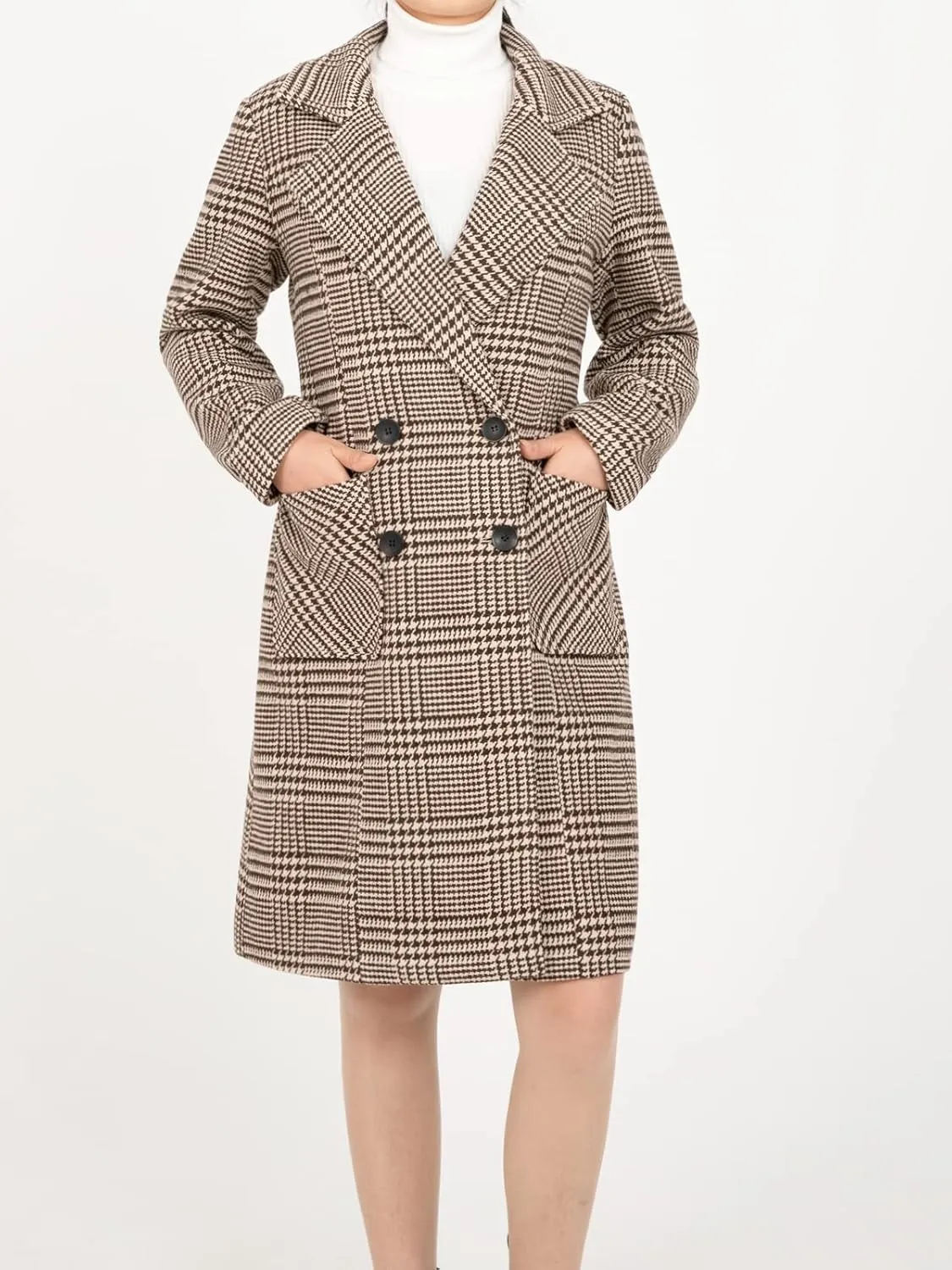 Hacikis Womens Houndstooth Wool Blend Trench Coat Notch Lapel Double Breasted Winter Outwear Pea Coats