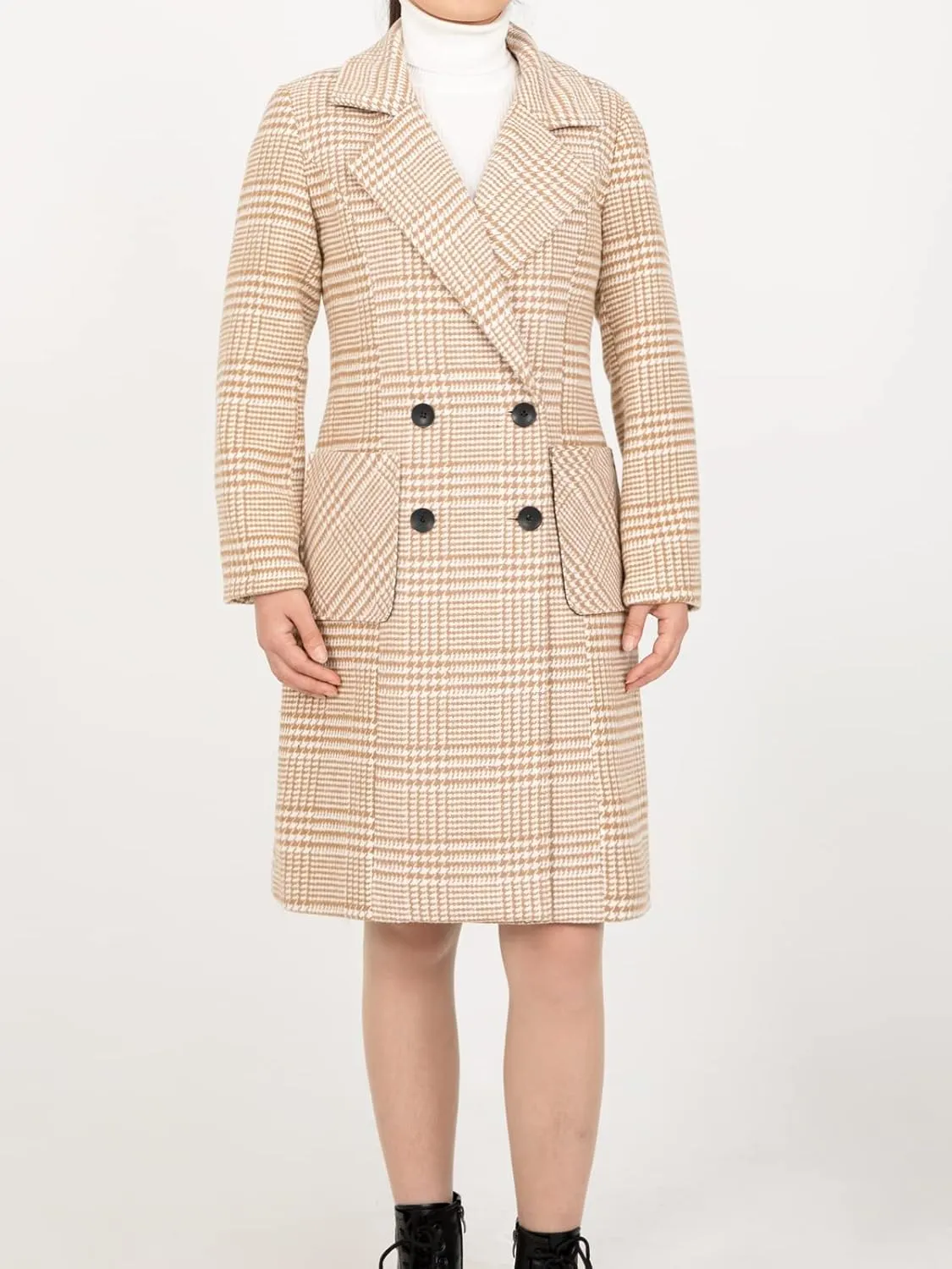 Hacikis Womens Houndstooth Wool Blend Trench Coat Notch Lapel Double Breasted Winter Outwear Pea Coats