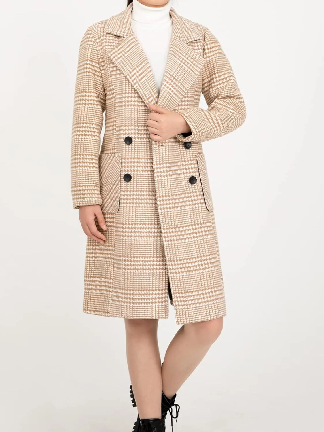 Hacikis Womens Houndstooth Wool Blend Trench Coat Notch Lapel Double Breasted Winter Outwear Pea Coats
