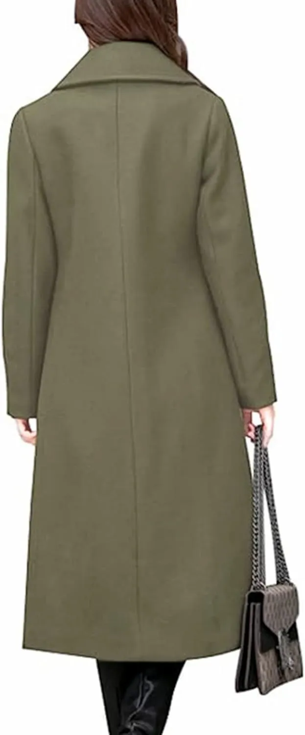 Hacikis Womens Wool Blend Single Breasted Notched Collar Winter Pea Trench Coat with Pockets