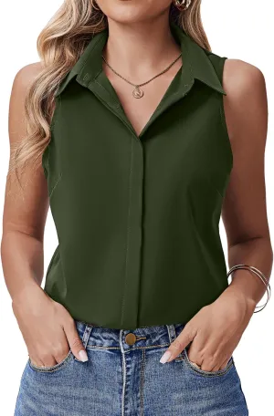 HOTOUCH Women's Sleeveless Button Down Shirts Hidden-Button Front Collared Dressy Casual Blouses Loose Office Tank Tops