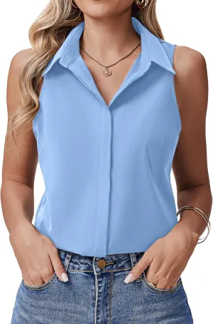 HOTOUCH Women's Sleeveless Button Down Shirts Hidden-Button Front Collared Dressy Casual Blouses Loose Office Tank Tops