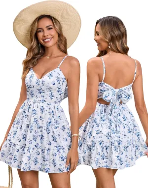 HTZMO Women Casual Summer Floral Mini Sundress V Neck Bow Tie Backless Ruffle Flowy Cute Boho Beach Short Dress