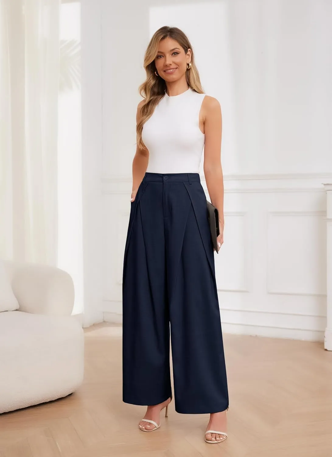 HVT Wide Leg Dress Pants for Women High Waisted Loose Palazzo Pants Business Casual Work Trousers Pants with Pockets
