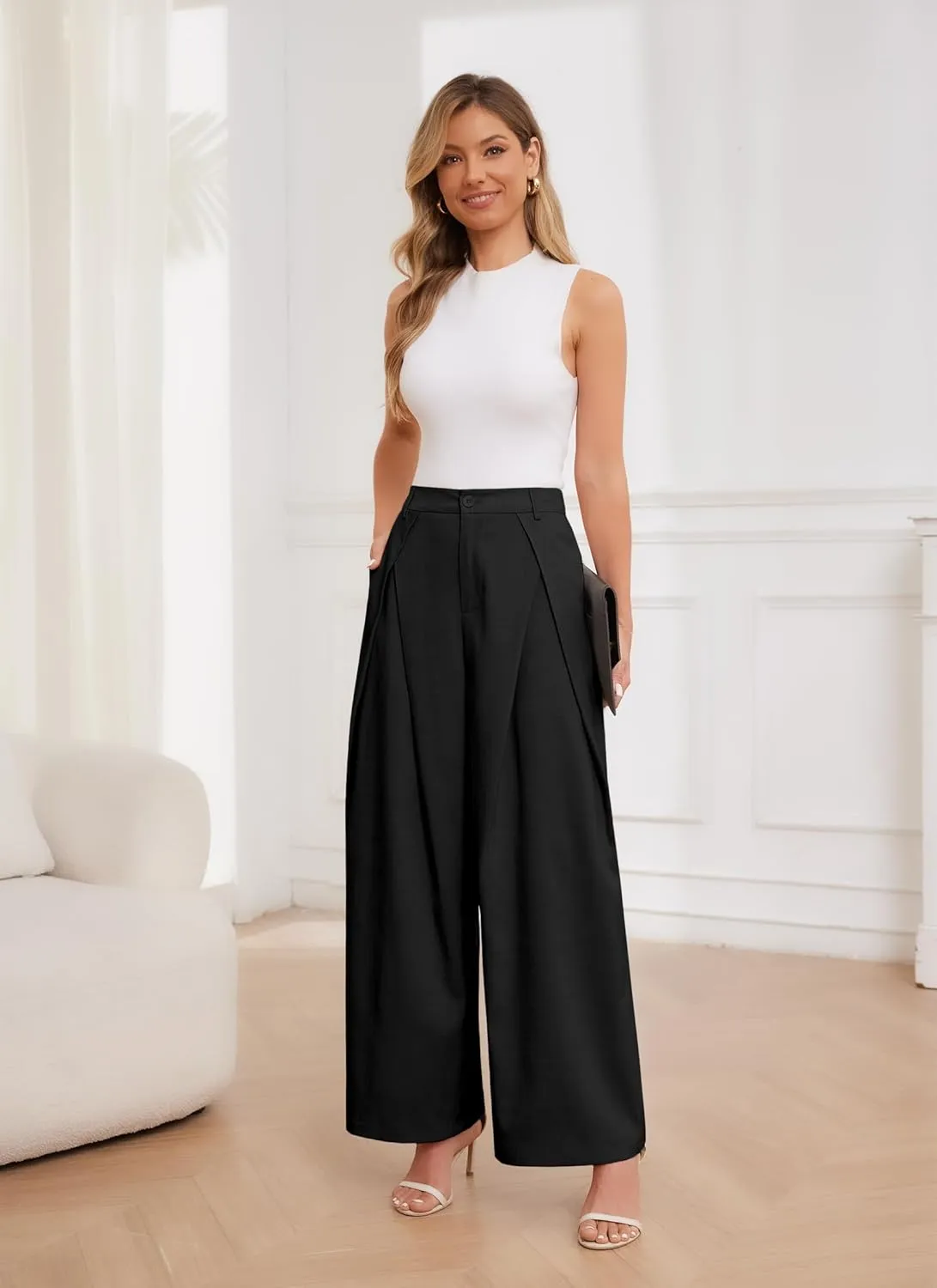 HVT Wide Leg Dress Pants for Women High Waisted Loose Palazzo Pants Business Casual Work Trousers Pants with Pockets