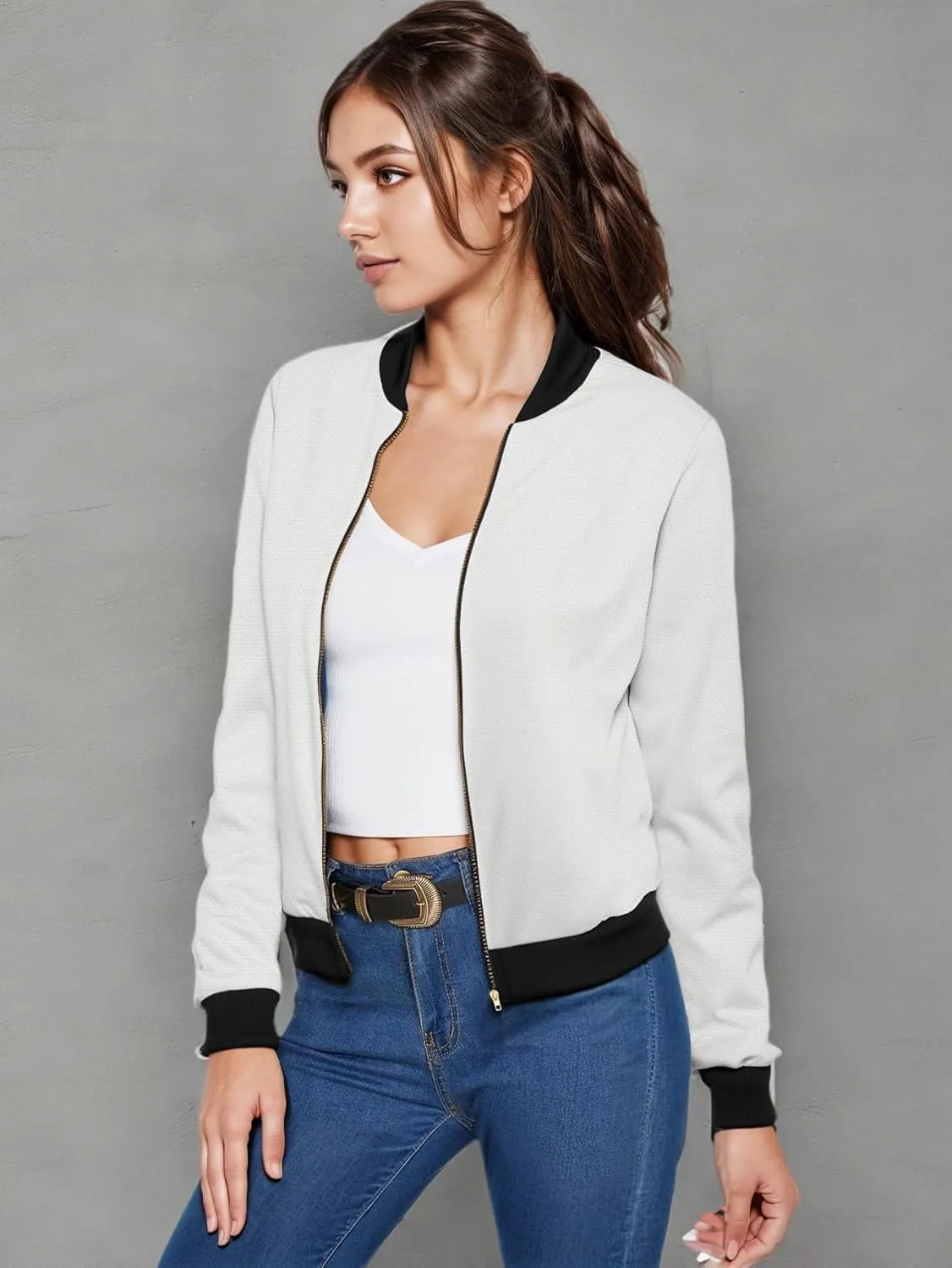 Hybrid & Company Women's Fashion Color Casual Office Comfy Zip Up Bomber Jacket Made in USA