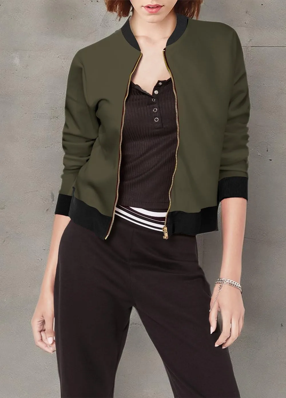 Hybrid & Company Women's Fashion Color Casual Office Comfy Zip Up Bomber Jacket Made in USA