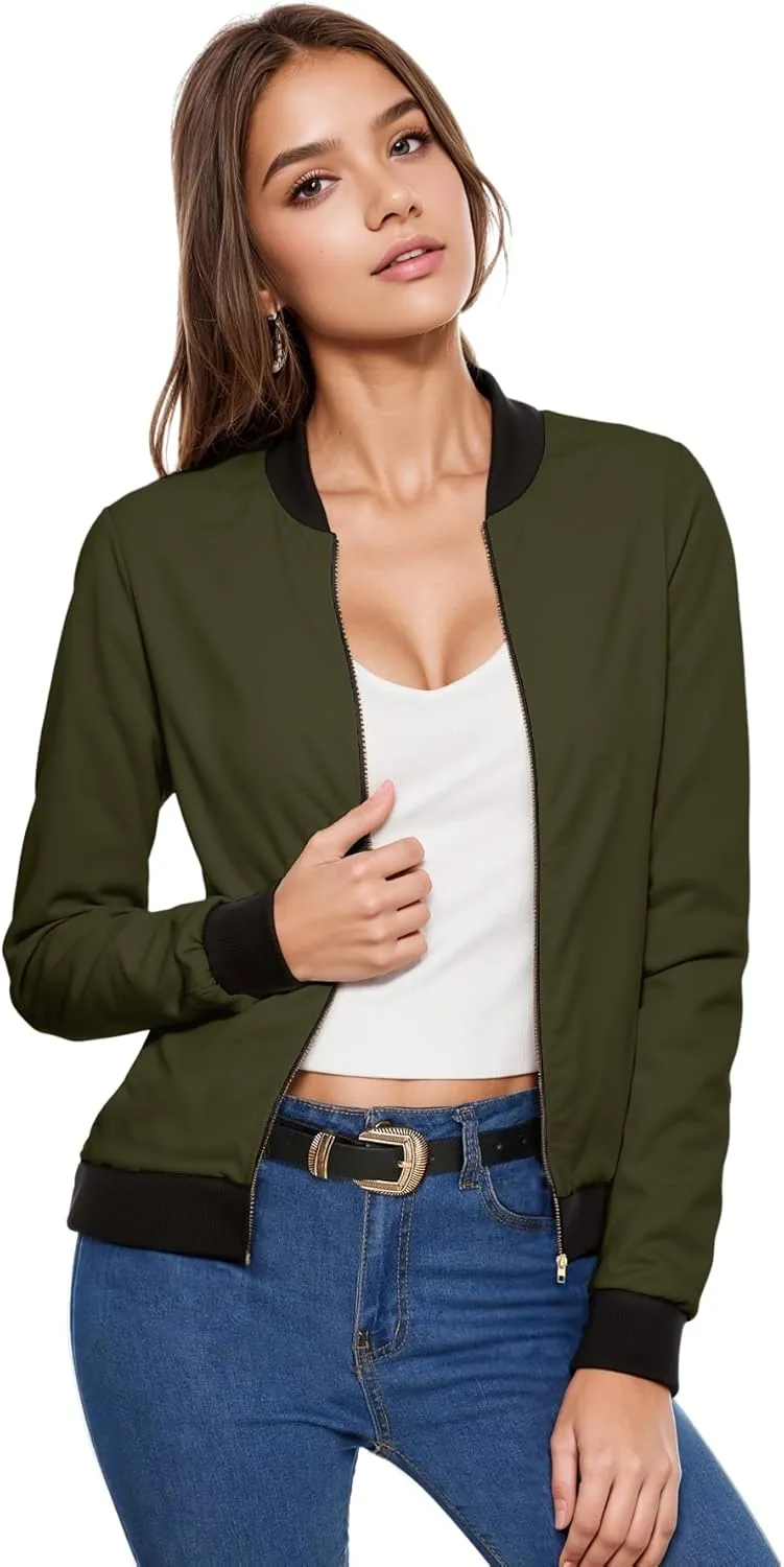 Hybrid & Company Women's Fashion Color Casual Office Comfy Zip Up Bomber Jacket Made in USA