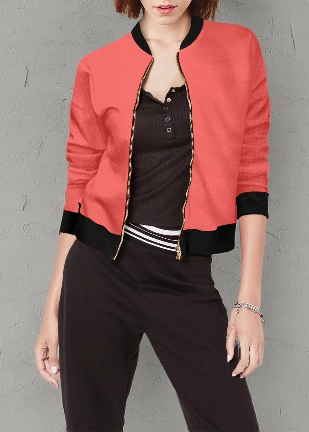 Hybrid & Company Women's Fashion Color Casual Office Comfy Zip Up Bomber Jacket Made in USA