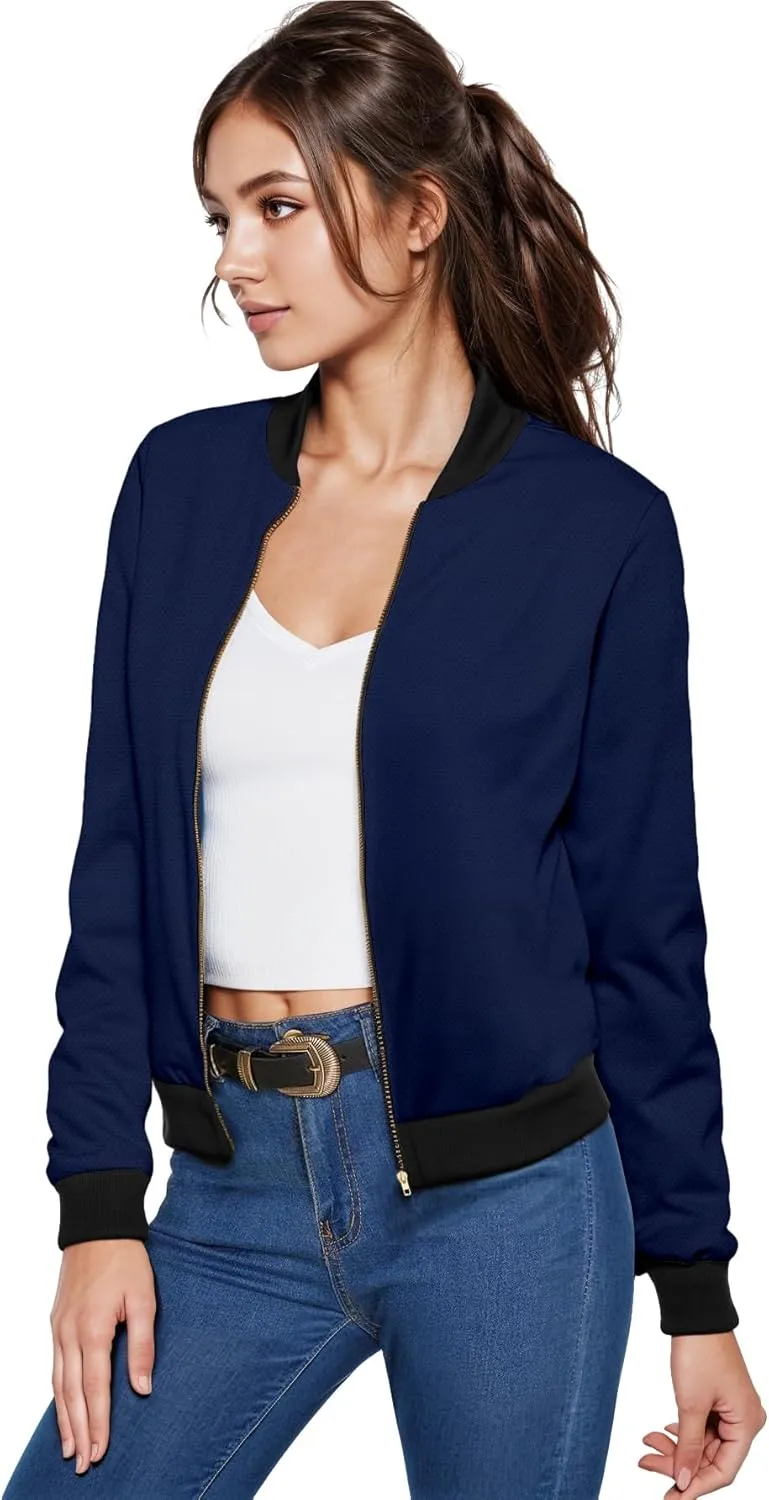 Hybrid & Company Women's Fashion Color Casual Office Comfy Zip Up Bomber Jacket Made in USA