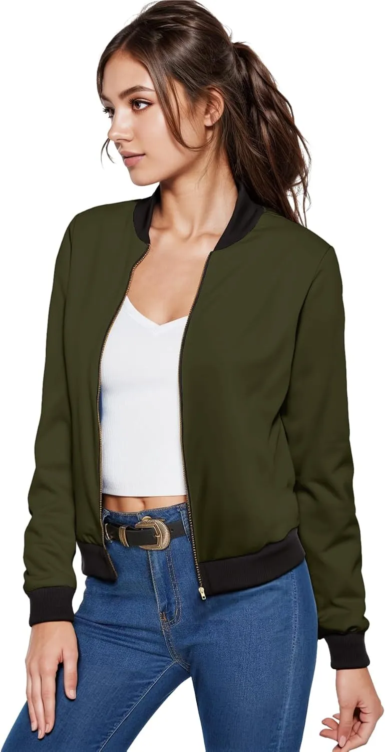 Hybrid & Company Women's Fashion Color Casual Office Comfy Zip Up Bomber Jacket Made in USA