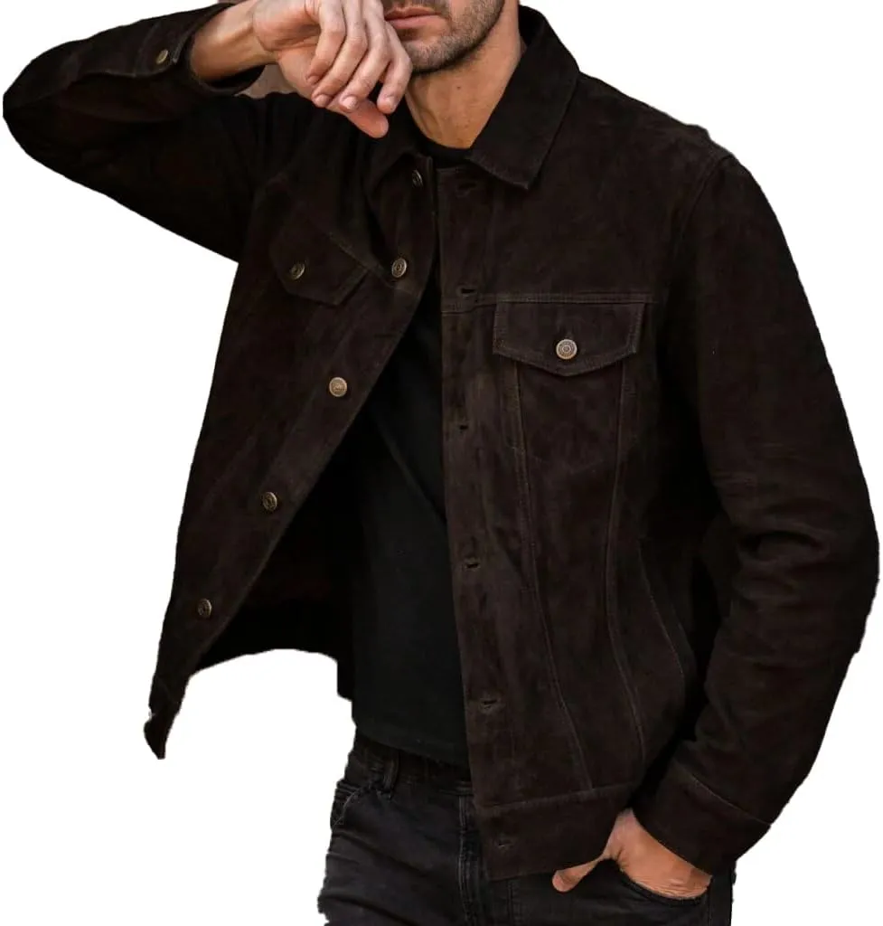 Isaac & David Chicago Men's Vintage Trucker Suede Leather Jacket - Denim Biker Cafe Racer Causal Western Cowboy Jacket