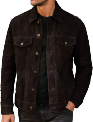 Isaac & David Chicago Men's Vintage Trucker Suede Leather Jacket - Denim Biker Cafe Racer Causal Western Cowboy Jacket