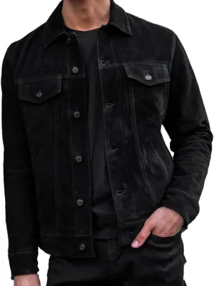Isaac & David Chicago Men's Vintage Trucker Suede Leather Jacket - Denim Biker Cafe Racer Causal Western Cowboy Jacket