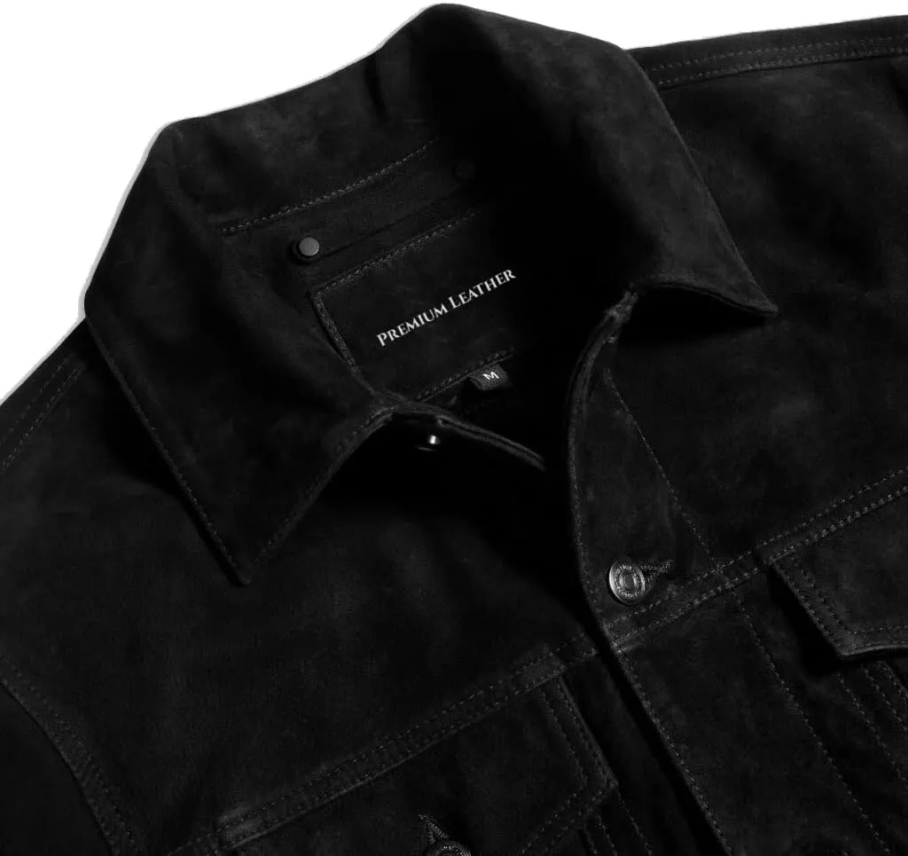 Isaac & David Chicago Men's Vintage Trucker Suede Leather Jacket - Denim Biker Cafe Racer Causal Western Cowboy Jacket