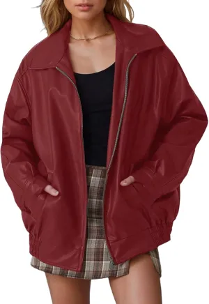 Leather Jacket Women Oversized Faux Motorcycle Bomber Jackets Fall Fashion Outfits 2024 Winter Clothes with Pocket