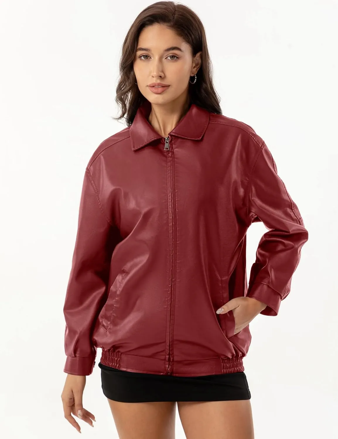 Leather Jacket Women Oversized Faux Motorcycle Bomber Jackets Fall Fashion Outfits 2024 Winter Clothes with Pocket