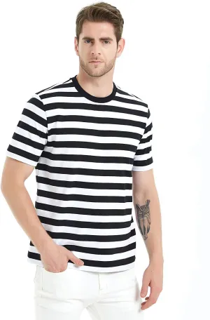 LEDING Casual Shirts Mens Short Sleeve Striped Black White Cotton Spandex Summer Holiday Travel Basic Pullover Crew Shirt