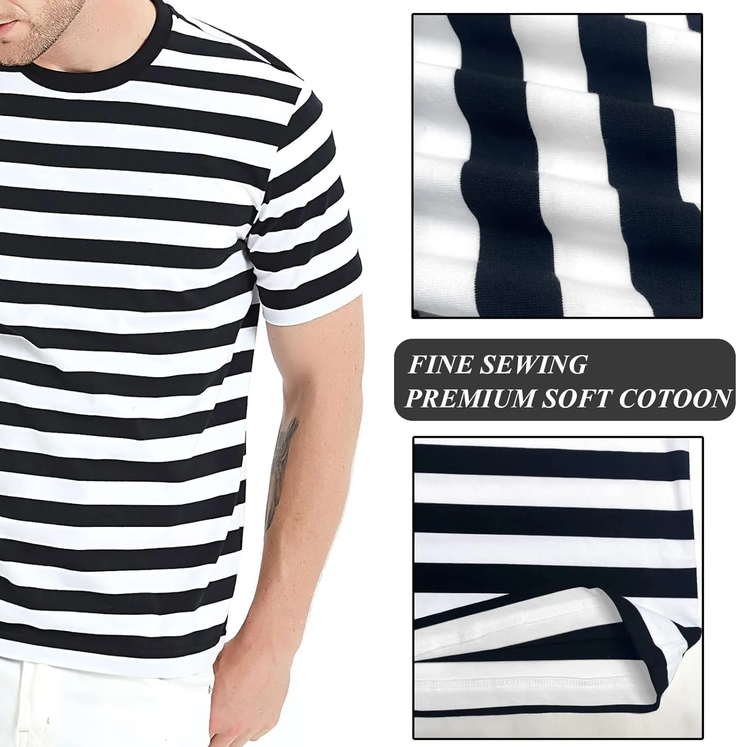 LEDING Casual Shirts Mens Short Sleeve Striped Black White Cotton Spandex Summer Holiday Travel Basic Pullover Crew Shirt