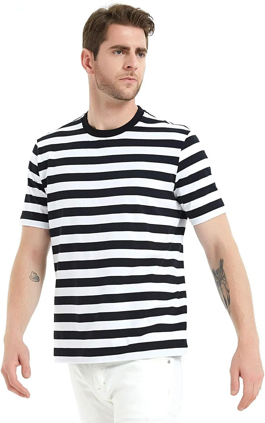 LEDING Casual Shirts Mens Short Sleeve Striped Black White Cotton Spandex Summer Holiday Travel Basic Pullover Crew Shirt