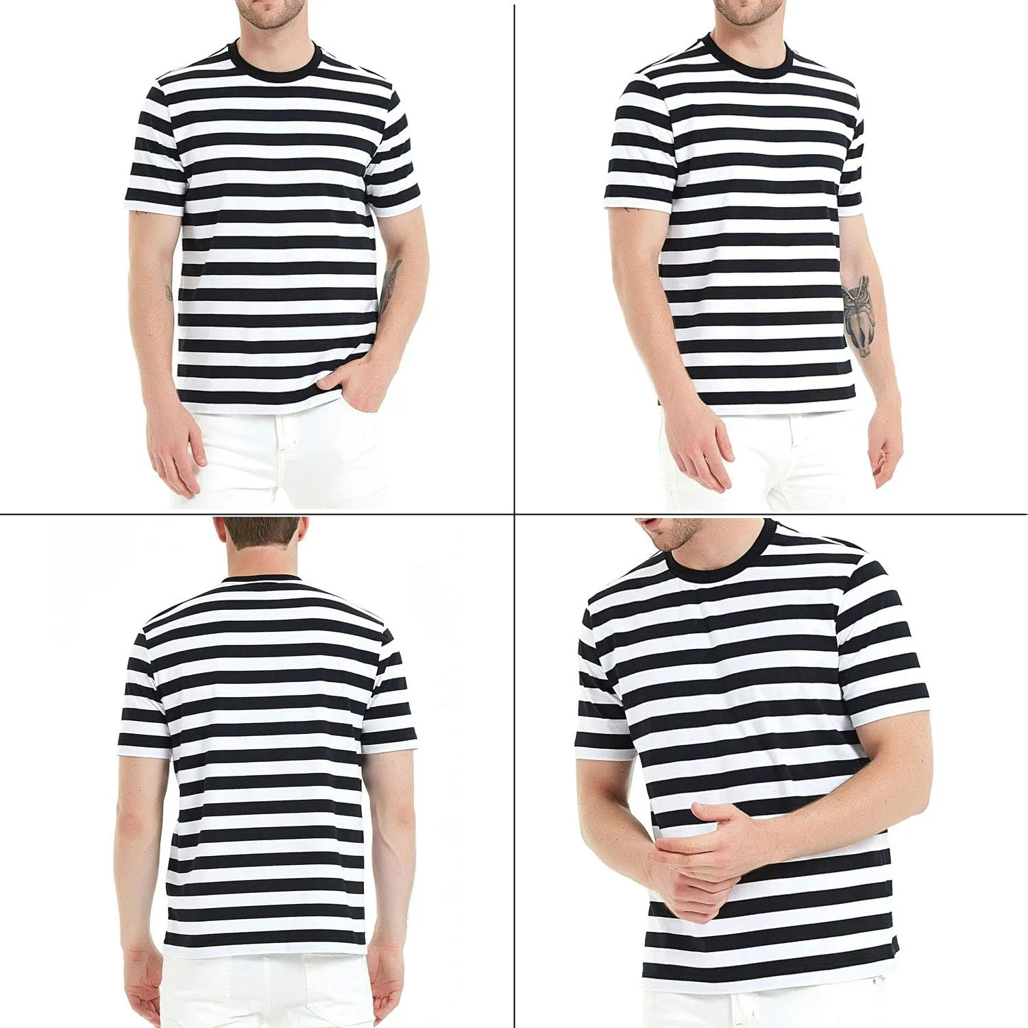 LEDING Casual Shirts Mens Short Sleeve Striped Black White Cotton Spandex Summer Holiday Travel Basic Pullover Crew Shirt