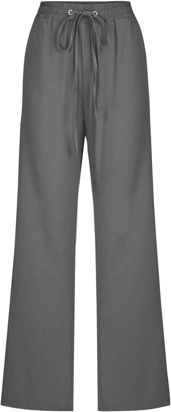Linen Pants for Women Drawstring Elastic High Waist Pants Loose Straight Leg Lightweight Trousers Pants
