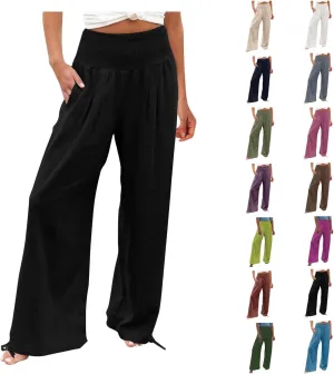 Linen Pants Women 2024 Summer Comfy Elastic High Waist Wide Leg Trousers Drawstring Hem Palazzo Pants with Pockets