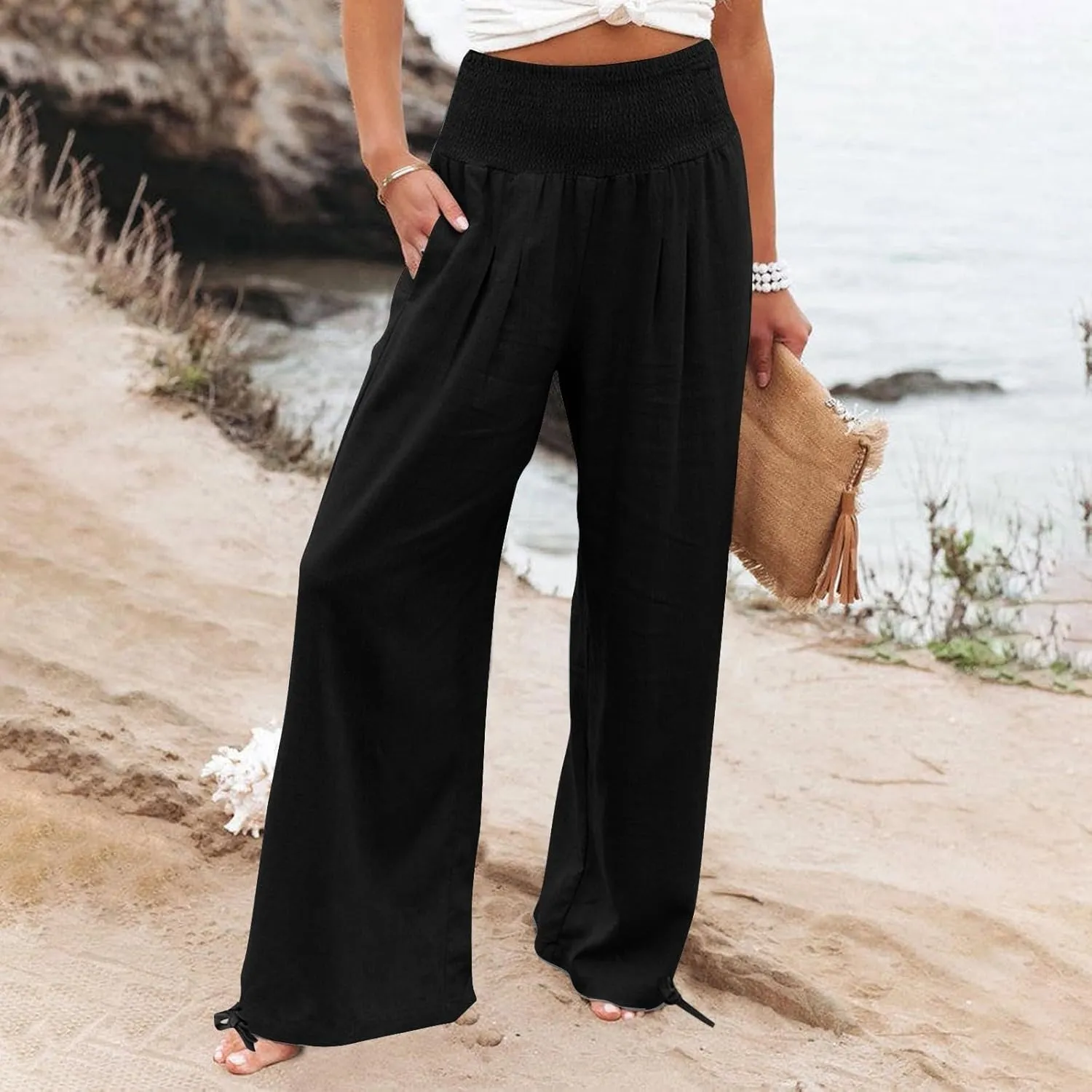 Linen Pants Women 2024 Summer Comfy Elastic High Waist Wide Leg Trousers Drawstring Hem Palazzo Pants with Pockets