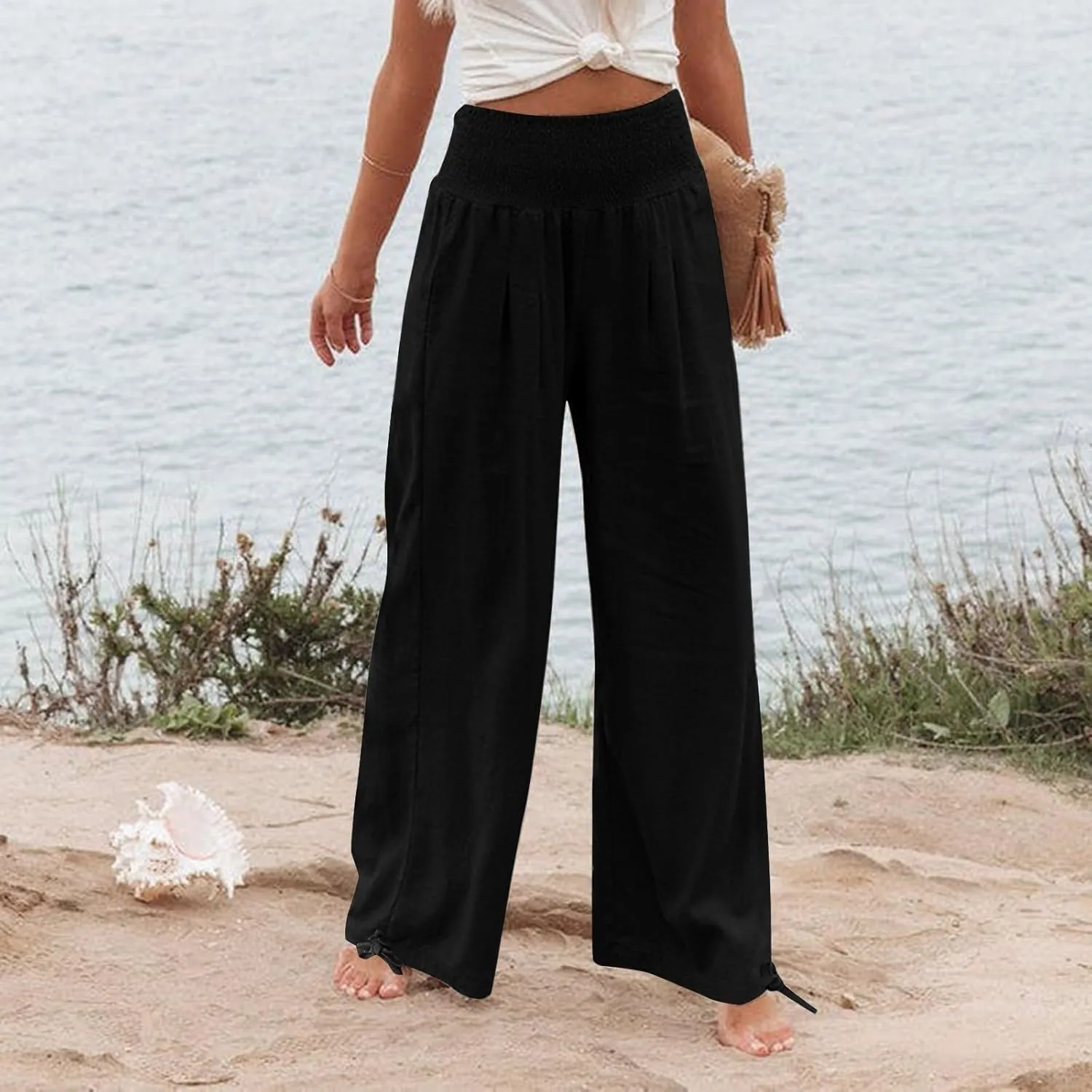 Linen Pants Women 2024 Summer Comfy Elastic High Waist Wide Leg Trousers Drawstring Hem Palazzo Pants with Pockets