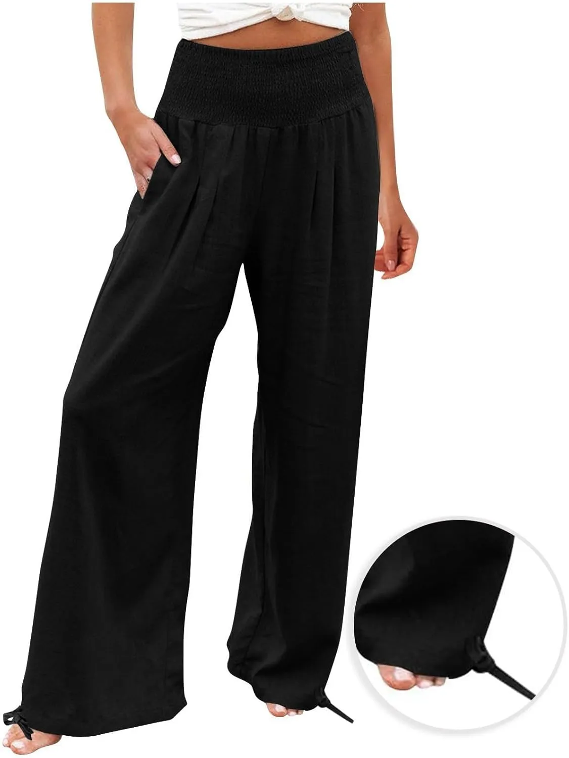 Linen Pants Women 2024 Summer Comfy Elastic High Waist Wide Leg Trousers Drawstring Hem Palazzo Pants with Pockets