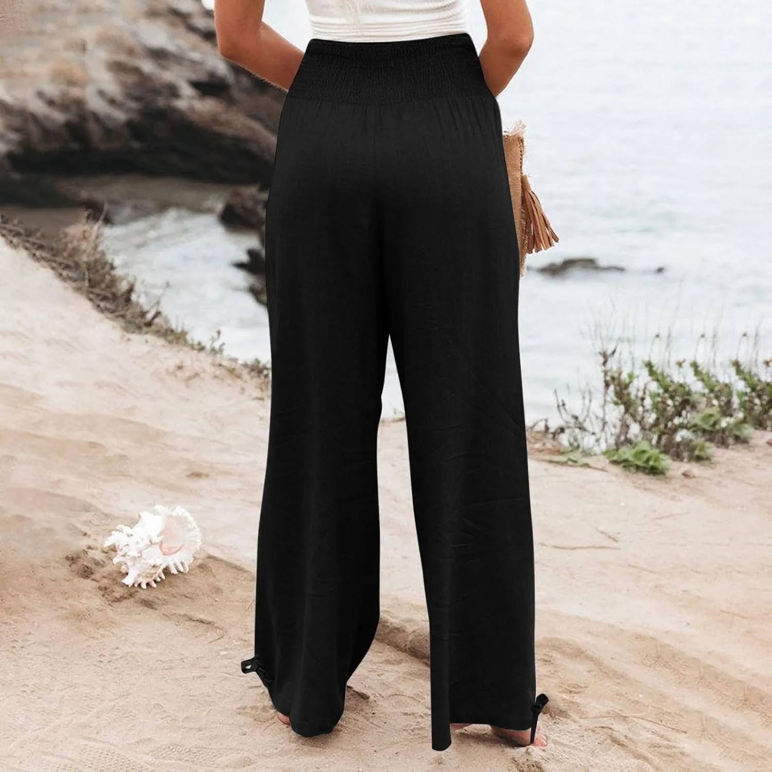 Linen Pants Women 2024 Summer Comfy Elastic High Waist Wide Leg Trousers Drawstring Hem Palazzo Pants with Pockets