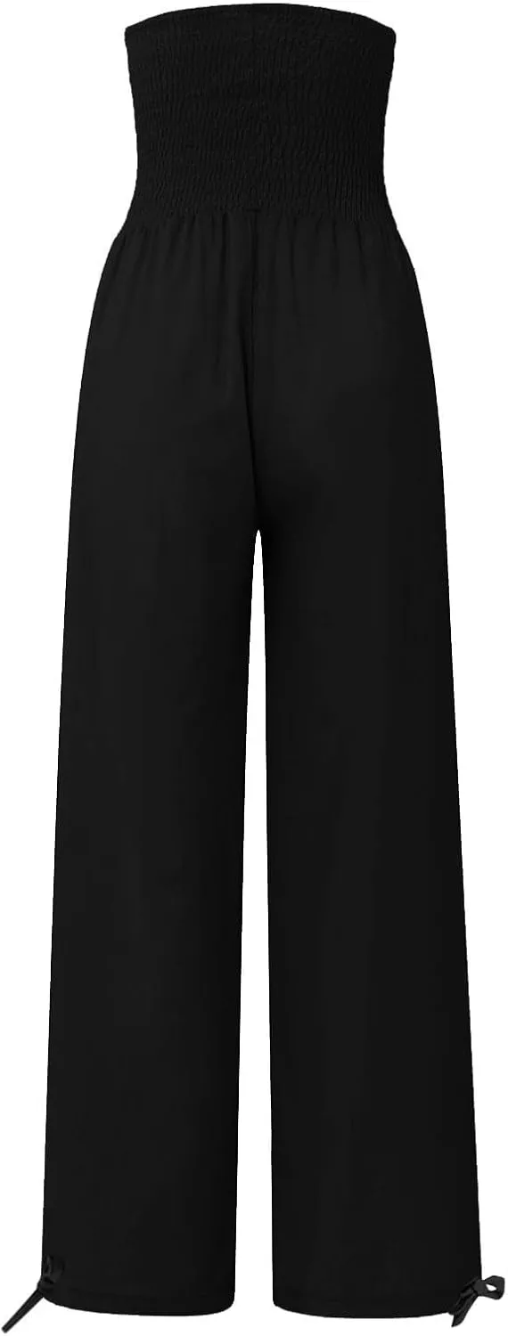Linen Pants Women 2024 Summer Comfy Elastic High Waist Wide Leg Trousers Drawstring Hem Palazzo Pants with Pockets