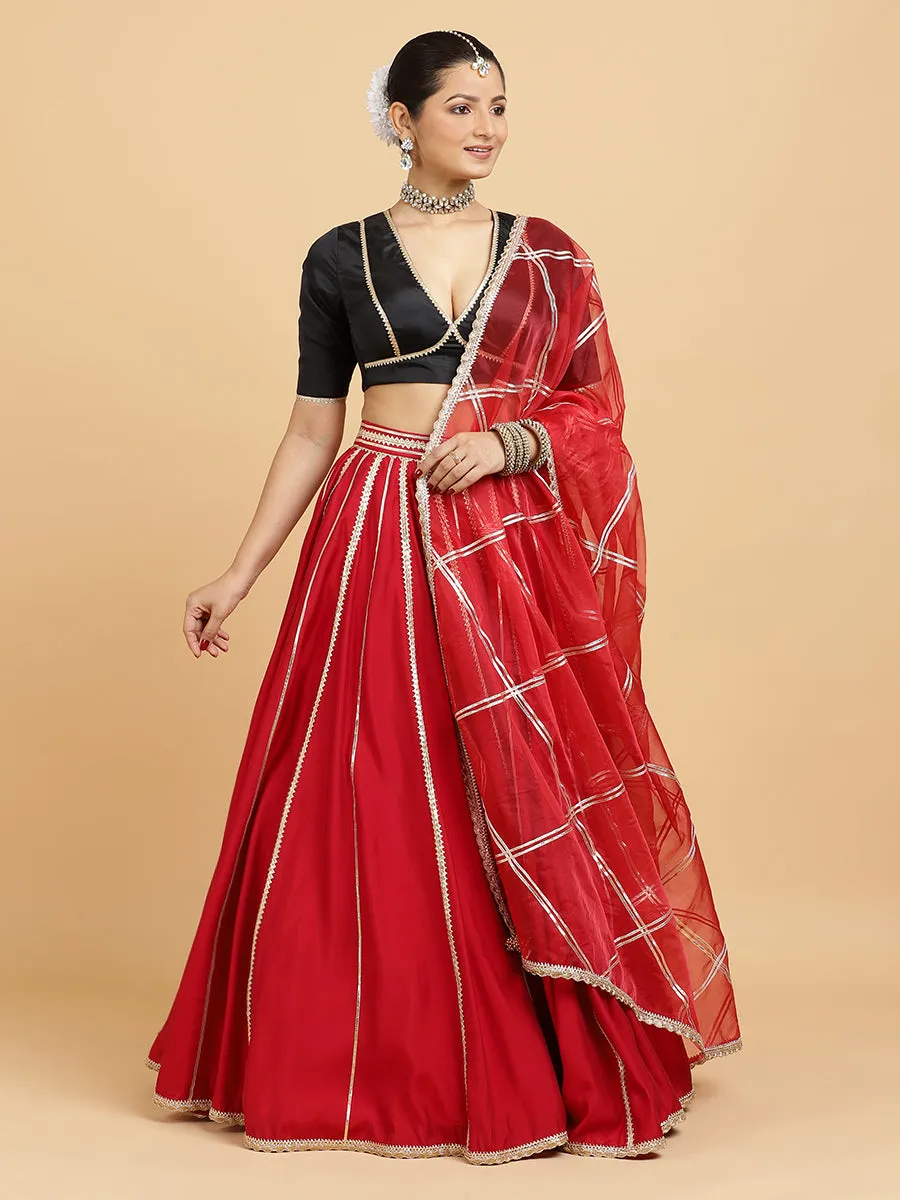 Madhuri Zeenat 3-Piece Lehenga Set | Red Lehenga, Charcoal Black Blouse | With Leela Red Dupatta