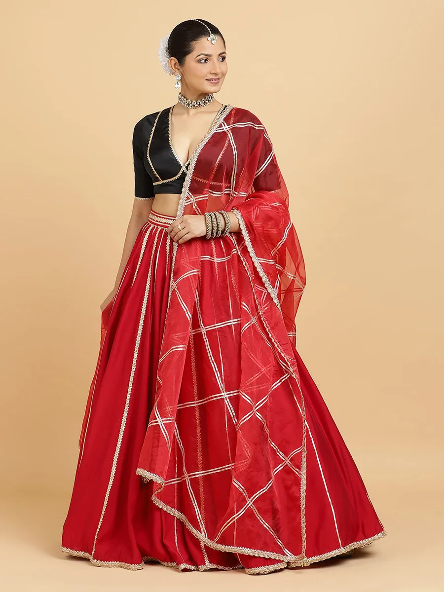 Madhuri Zeenat 3-Piece Lehenga Set | Red Lehenga, Charcoal Black Blouse | With Leela Red Dupatta