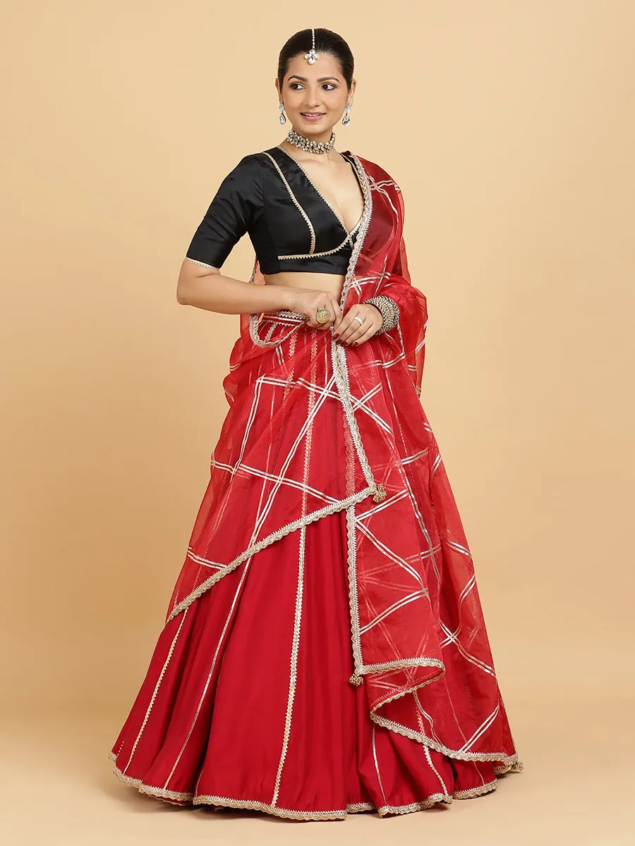 Madhuri Zeenat 3-Piece Lehenga Set | Red Lehenga, Charcoal Black Blouse | With Leela Red Dupatta