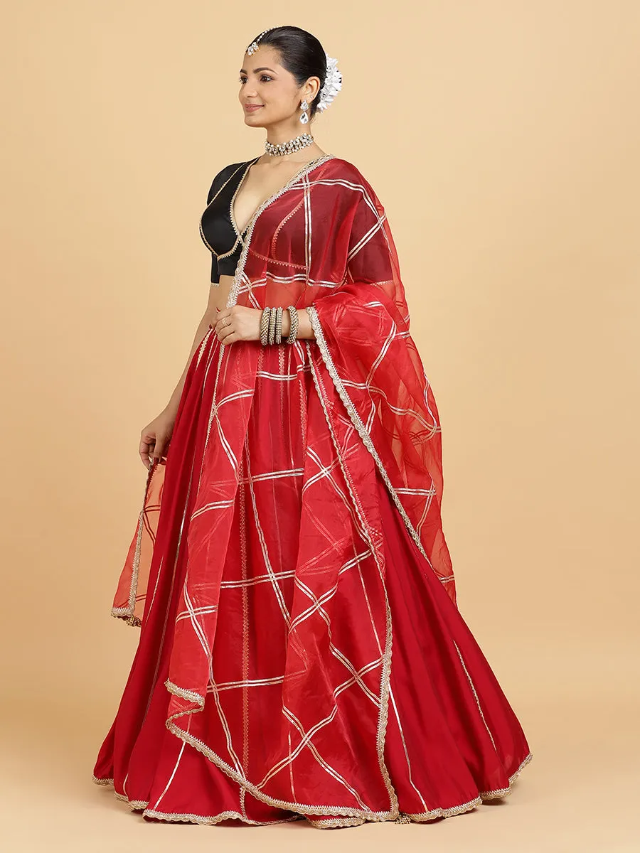 Madhuri Zeenat 3-Piece Lehenga Set | Red Lehenga, Charcoal Black Blouse | With Leela Red Dupatta