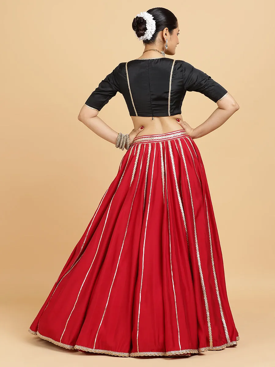 Madhuri Zeenat 3-Piece Lehenga Set | Red Lehenga, Charcoal Black Blouse | With Leela Red Dupatta
